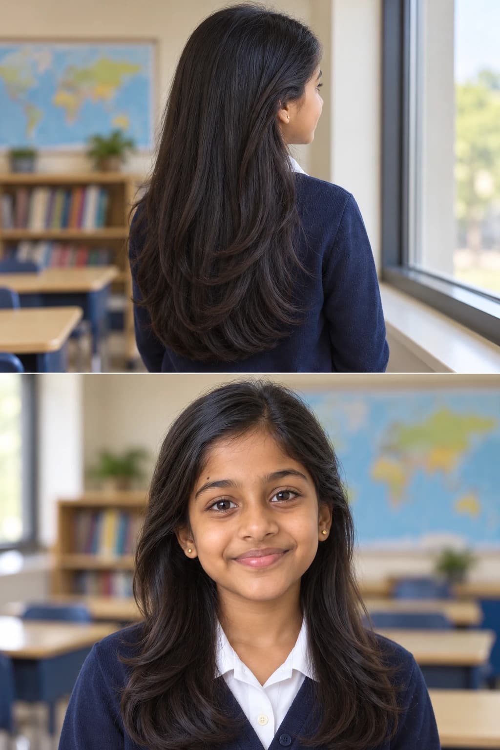 Schoolgirl with mid-back thick straight hair cut in long layers from the shoulder, back three-quarter and front views by a classroom window