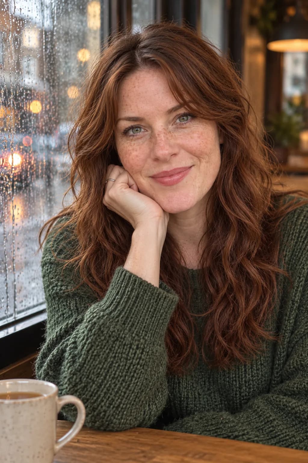 Woman in her mid-30s with a long wavy shag, crown layers and a razored curtain fringe, three-quarter view by a rainy cafe window