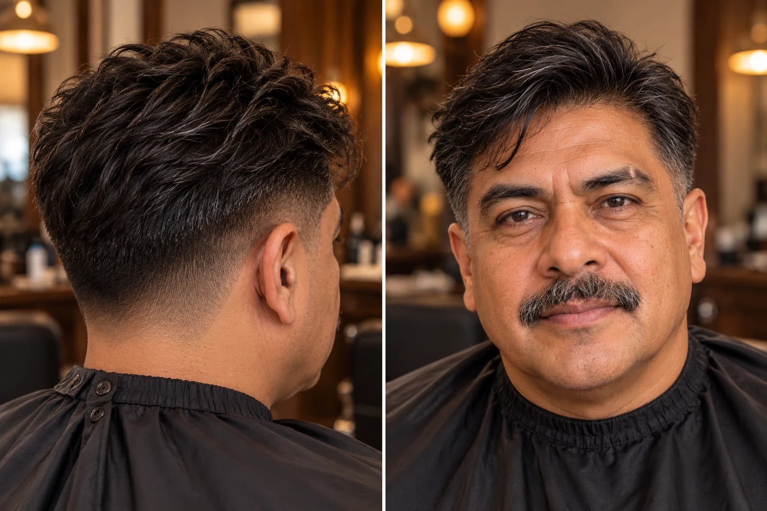 Man in his 50s with a low taper fade and a short textured top, back three-quarter detail beside a front view in a warm barbershop