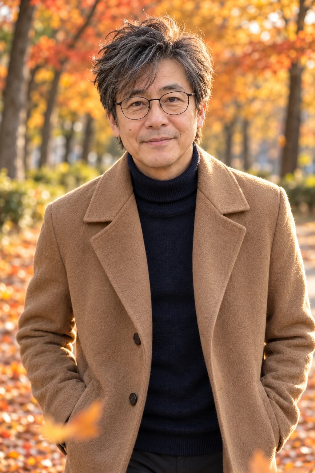 Man in his late 50s with a messy quiff, three inches at the front blow-dried up and forward over scissor-tapered sides, front view in an autumn park in low golden sun