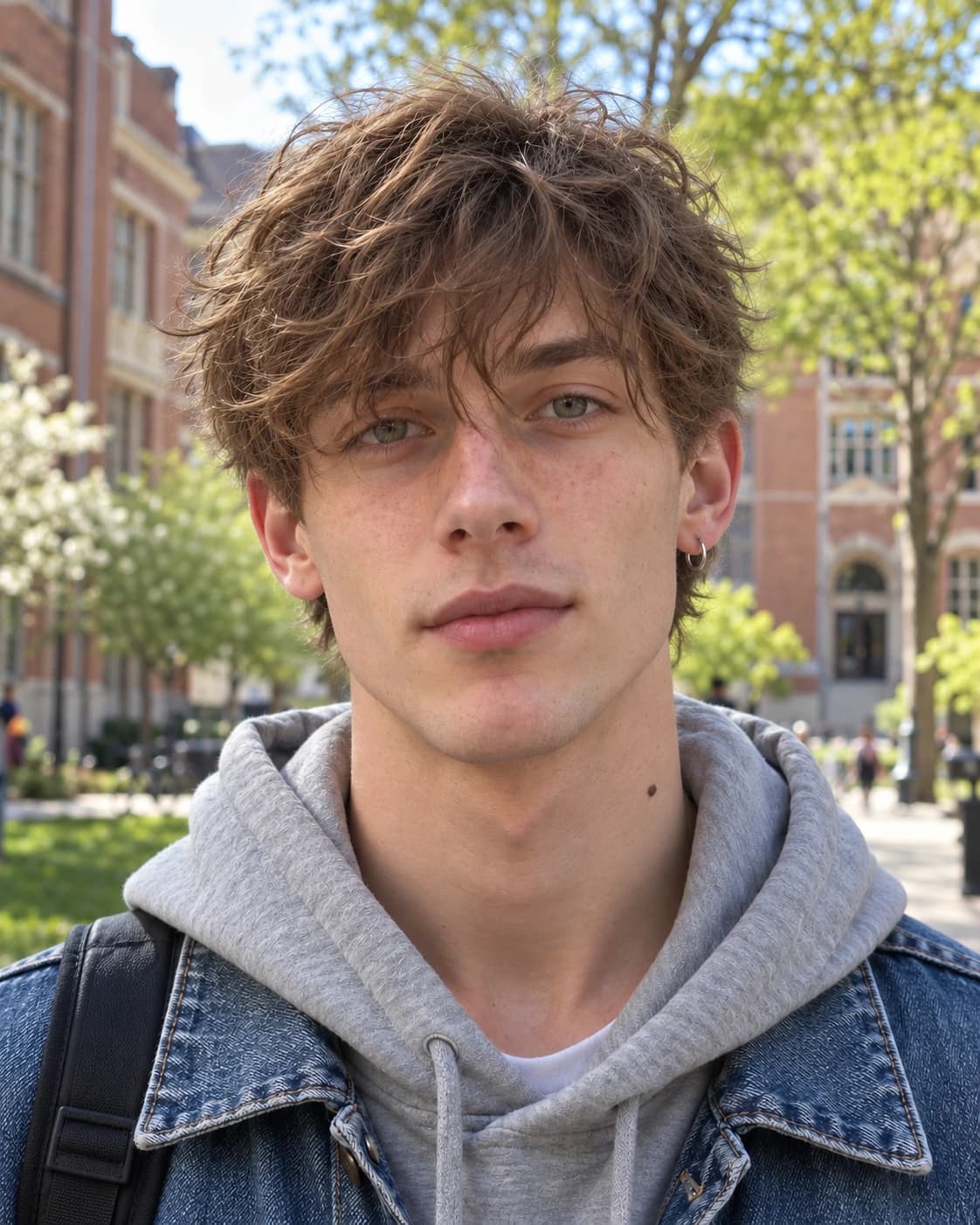 Young man in his early 20s with a messy, choppy wavy fringe falling to the brows over #2 tapered sides, front view on a university campus in spring