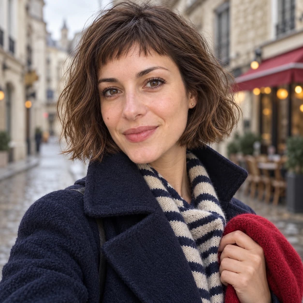 Woman in her mid-30s with short micro bangs well above the brows and a slightly undone wavy jaw-length bob, three-quarter view on a cloudy winter street