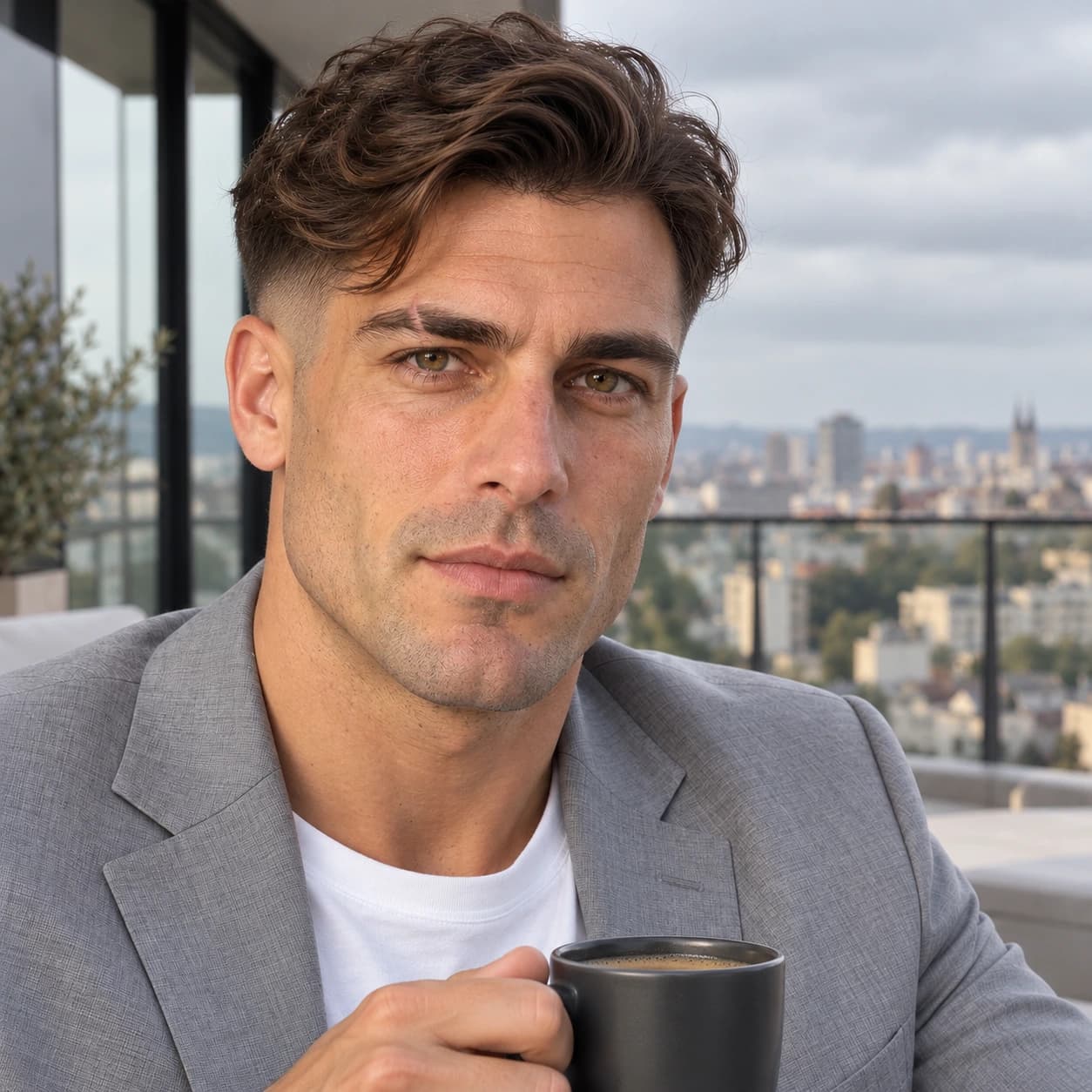 Man in his 30s with a mid fade from skin to #3 at the temple line and three inches of wavy hair swept to the side, front view on an office terrace