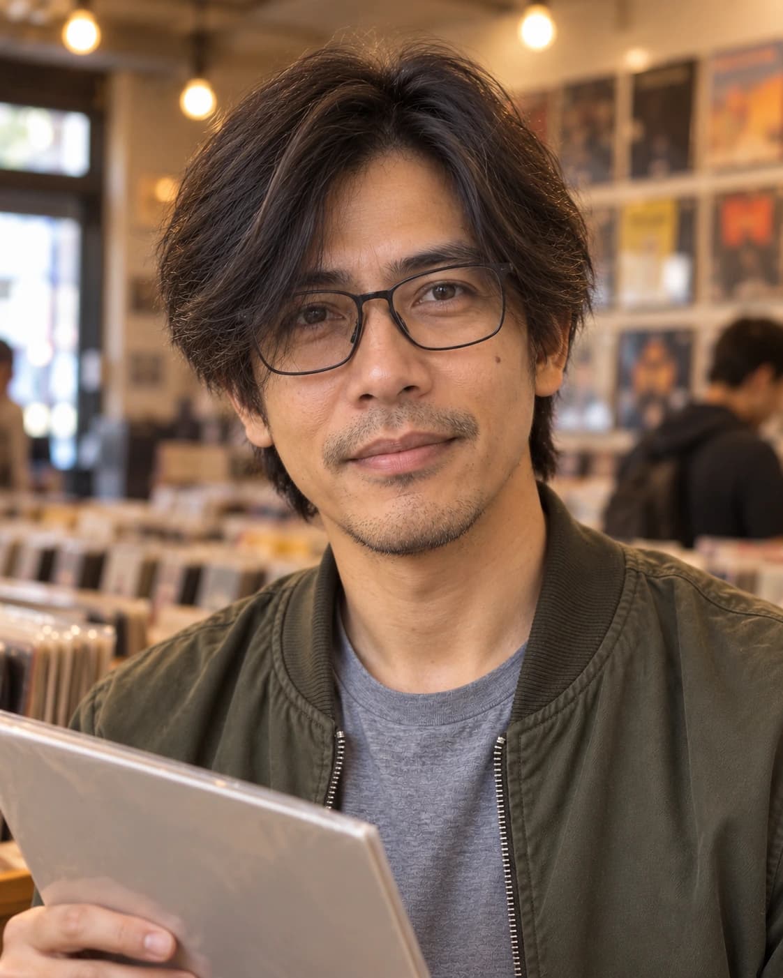 Man in his 40s with fine straight hair in center-parted 90s curtains falling to the cheekbones, front view in a record store