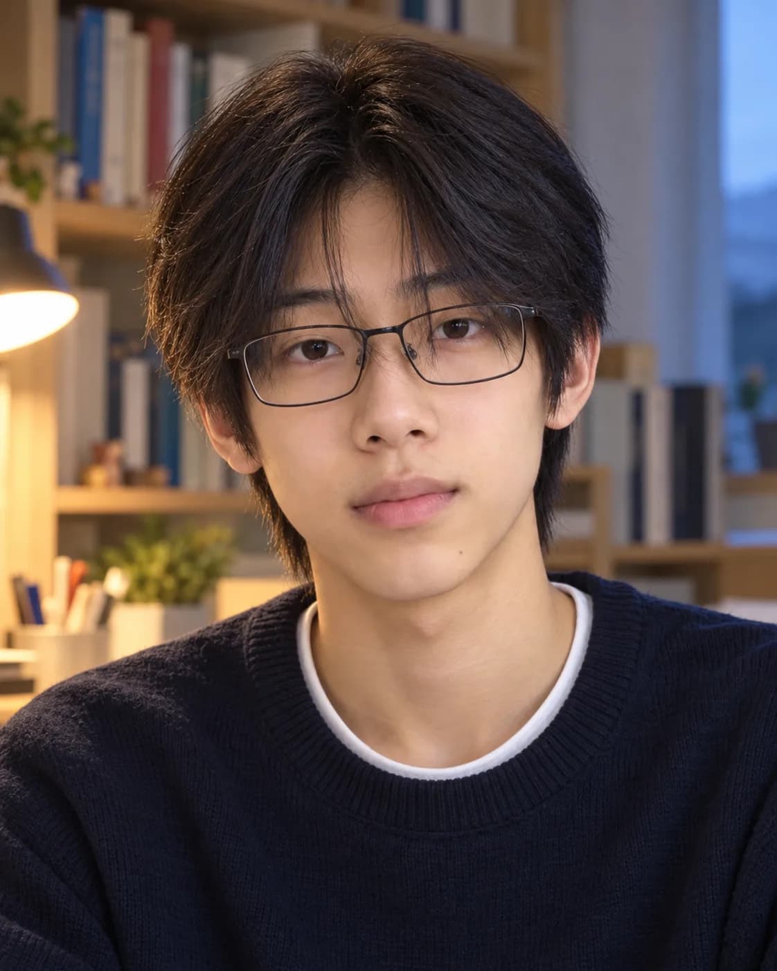Teen boy with a center-parted curtain fringe reaching his cheekbones, close front portrait at a lamp-lit desk