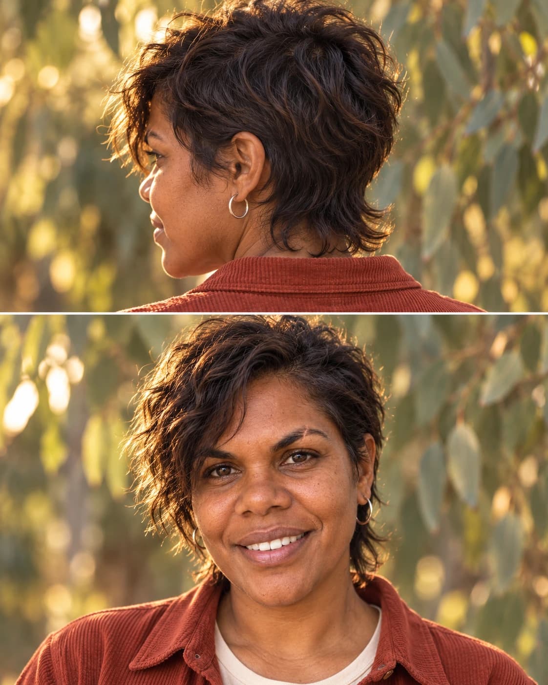 Woman around 40 with a wavy mixie haircut, short textured top and longer wispy nape, back three-quarter view and front view among eucalyptus