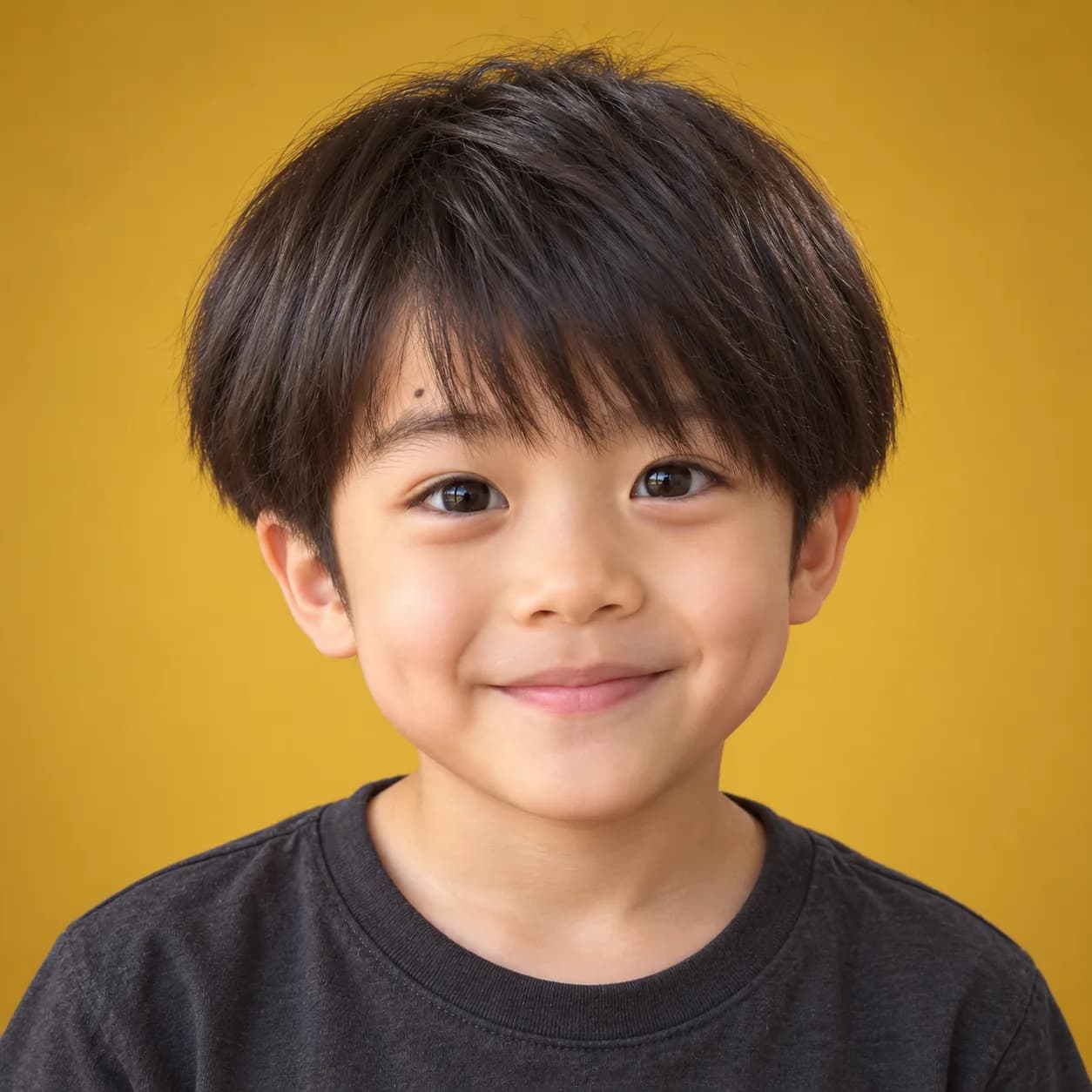 Little boy with a rounded mushroom cut and brow-length fringe, straight front view on a mustard backdrop