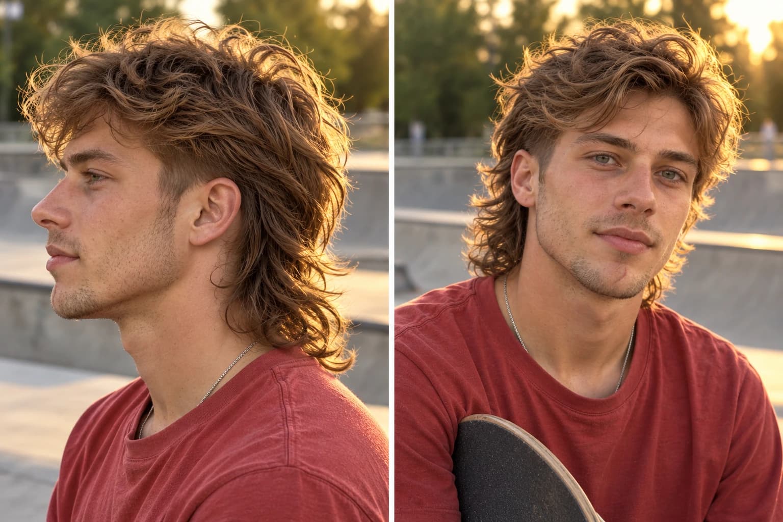 Young man with a modern wavy mullet, temple taper and four-inch back at the nape, profile beside a three-quarter view at a skate bowl in afternoon sun