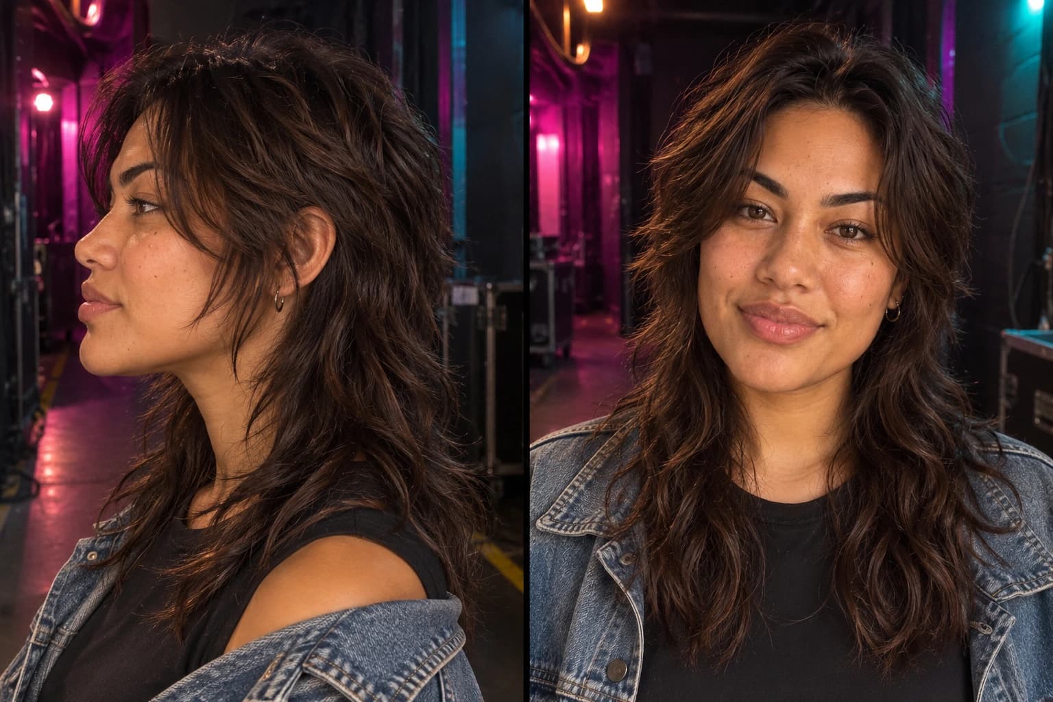 Woman in her mid-20s with a wavy shaggy mullet, short choppy top, curtain fringe and longer back to the shoulders, profile and front view in a backstage corridor