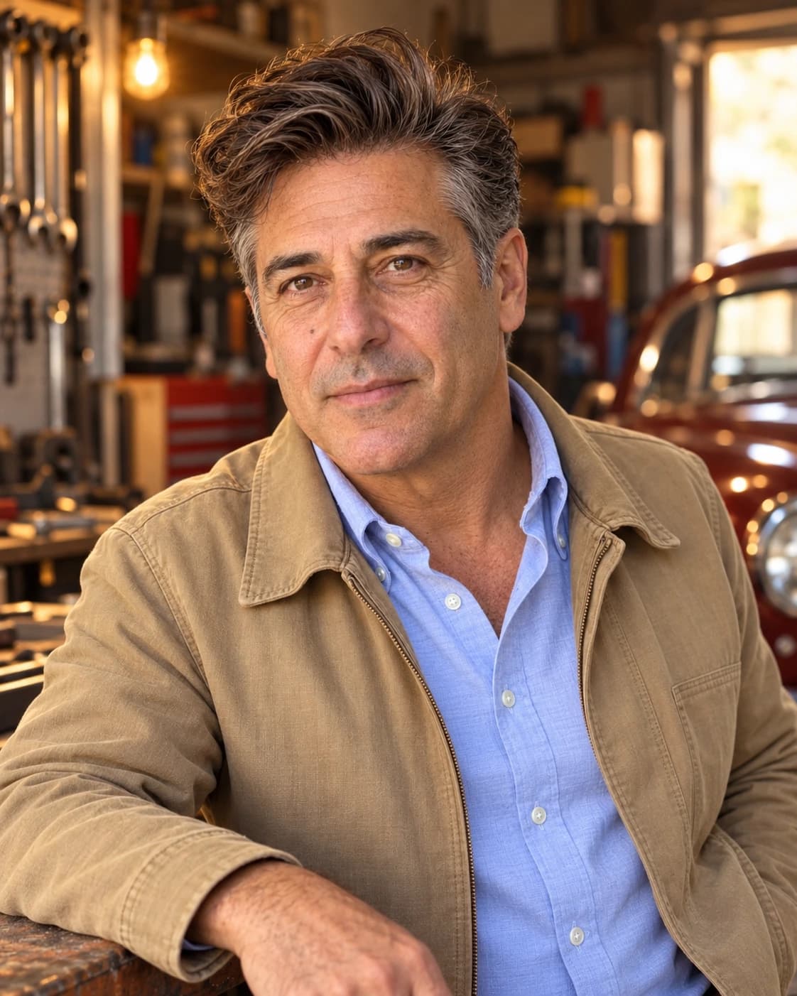 Man in his 50s with a modern pompadour four inches at the front over tapered sides, three-quarter view in a vintage garage