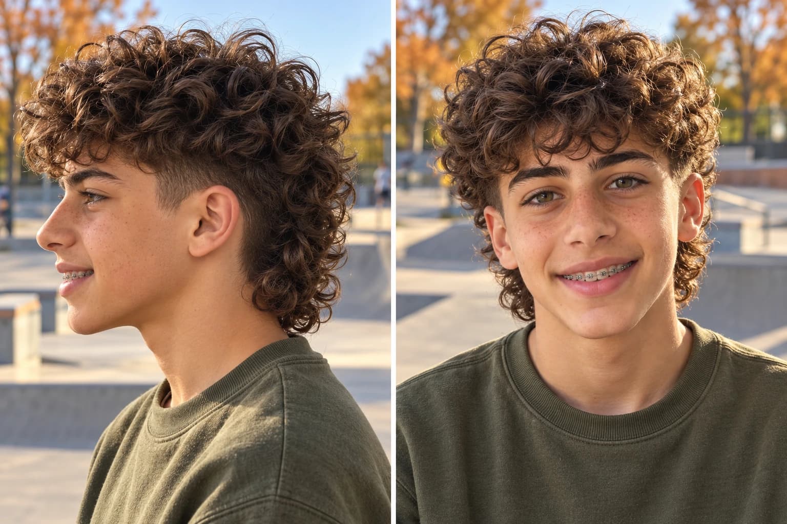Young teen with a curly modern mullet, left profile and front view side by side at a skate park in autumn
