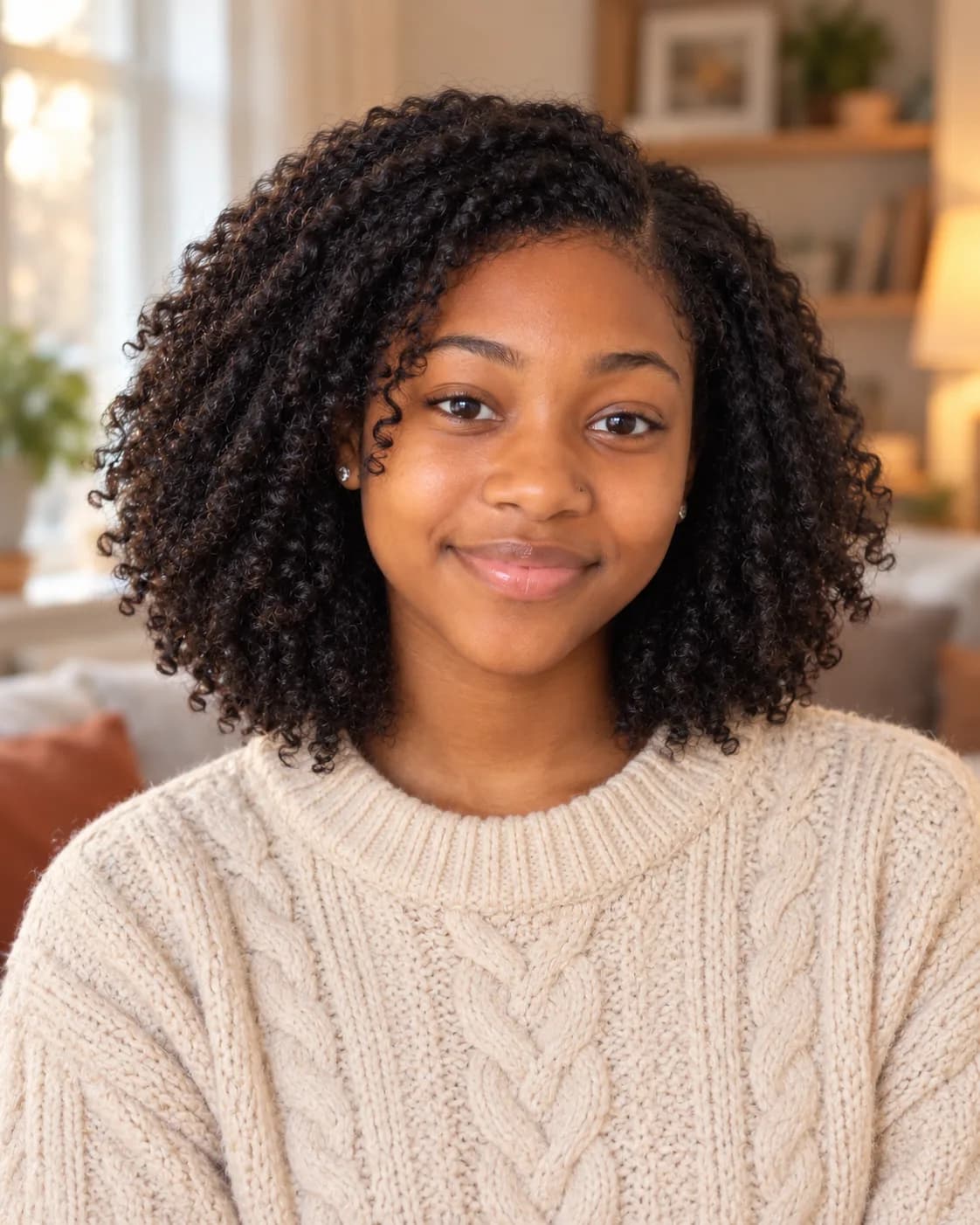 Teen girl with shoulder-length layered coily hair worn in a defined twist-out, front view in a cozy living room wearing a chunky knit