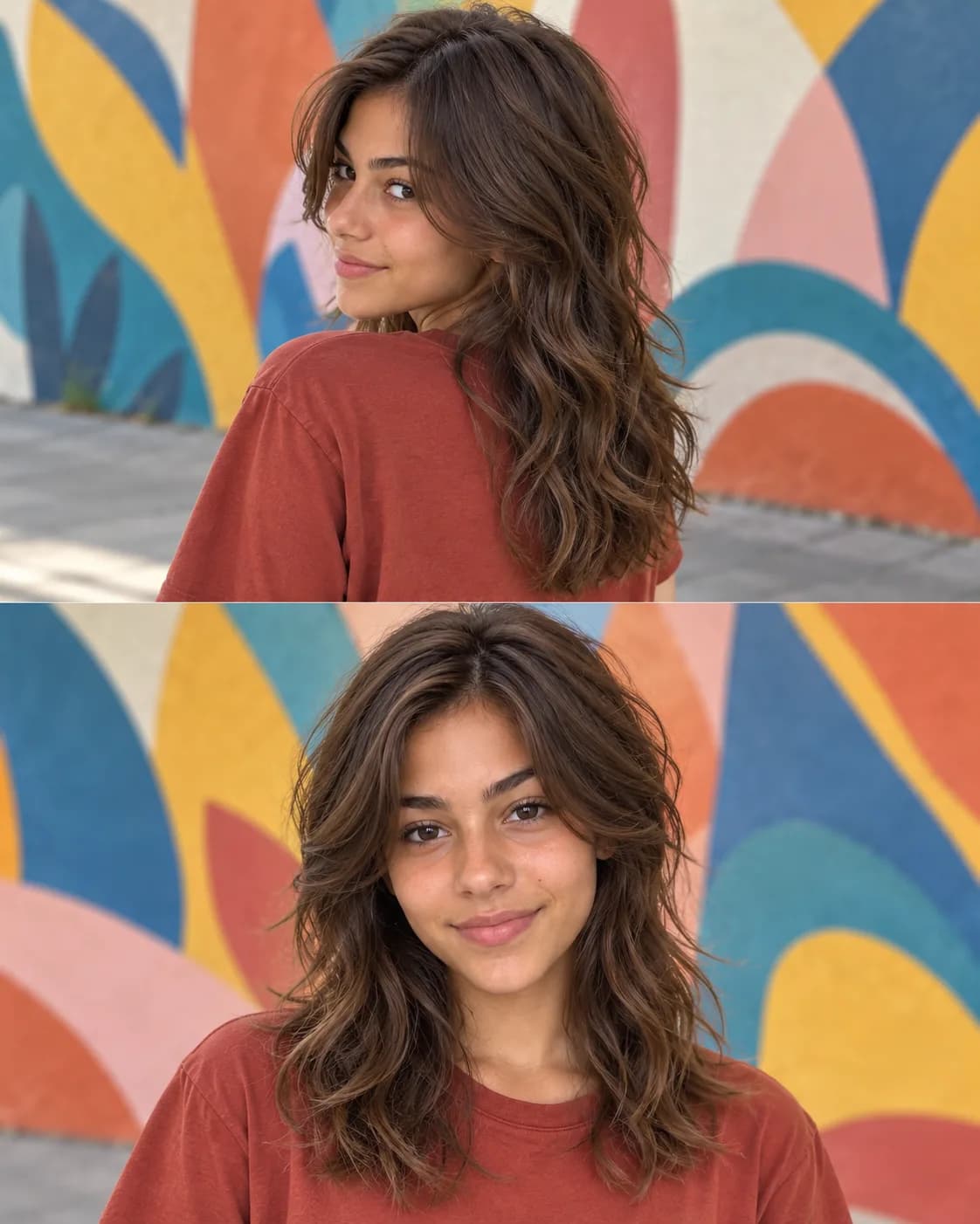 Teen girl with an octopus cut on thick waves, short stacked crown layers over long wispy ends, three-quarter back and front views by a mural wall