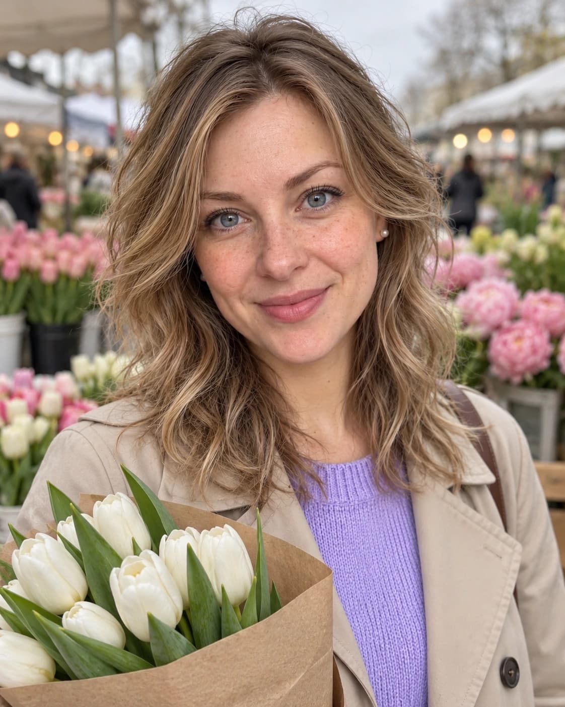 Woman in her early 30s with fine wavy hair in an octopus cut, stacked crown layers and longer wispy ends, three-quarter view at a flower market