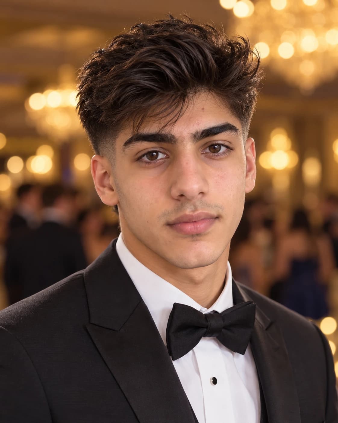 Older teen in a black tuxedo with a blow-dried quiff and mid fade, three-quarter view against ballroom bokeh