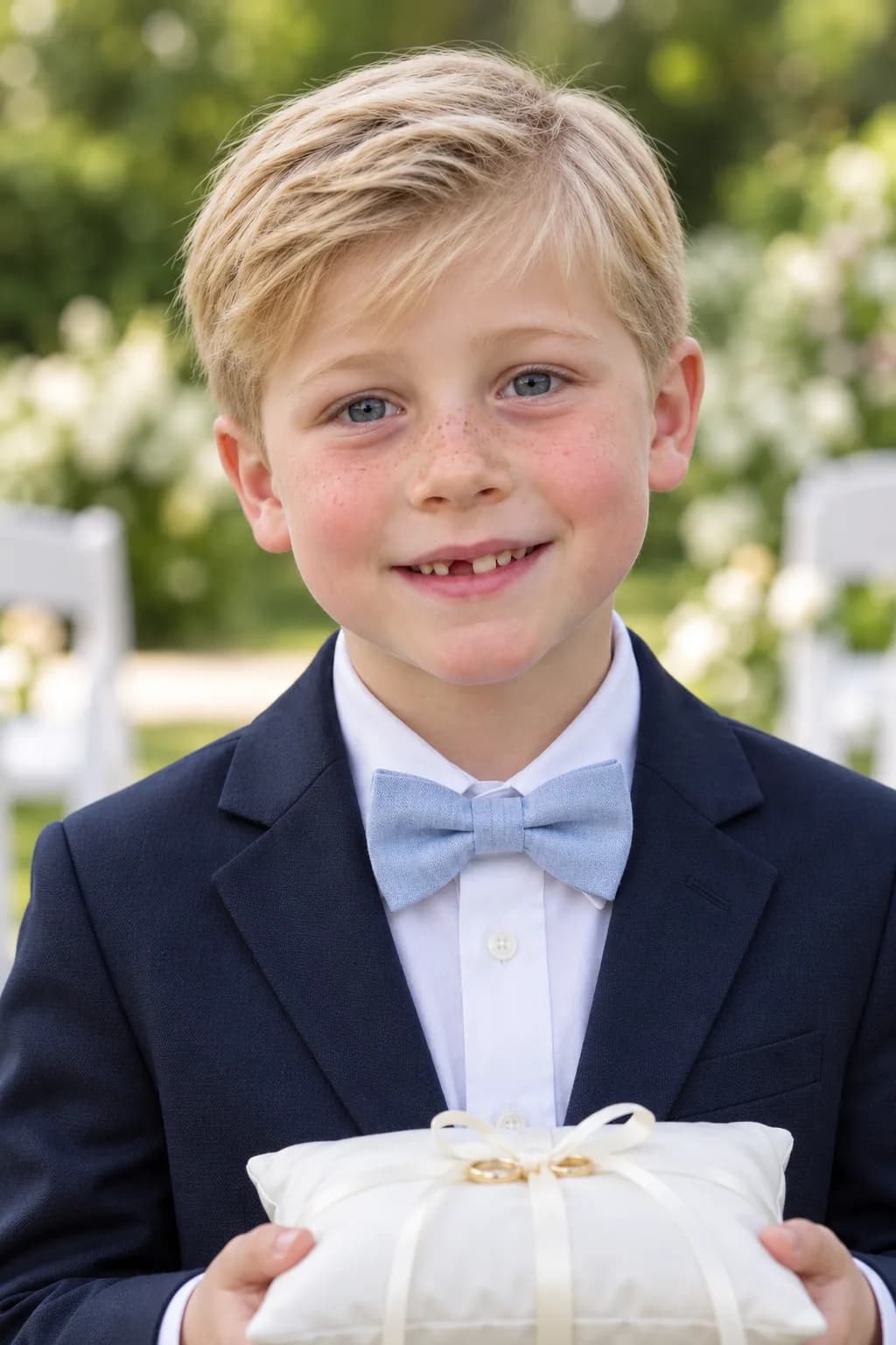 Six-year-old ring bearer in a navy suit with a neat side-swept Ivy League cut, waist up in a garden ceremony
