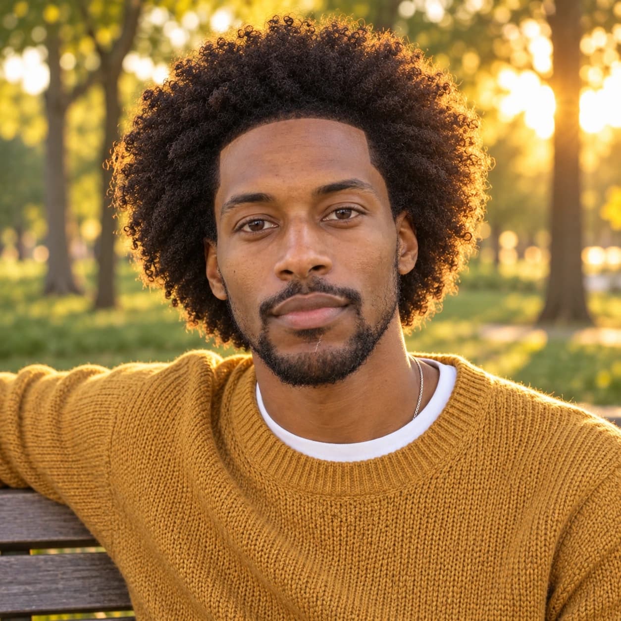 Man in his 30s with a round picked-out afro about four inches long and a crisp shape-up, front view on a park bench at golden hour