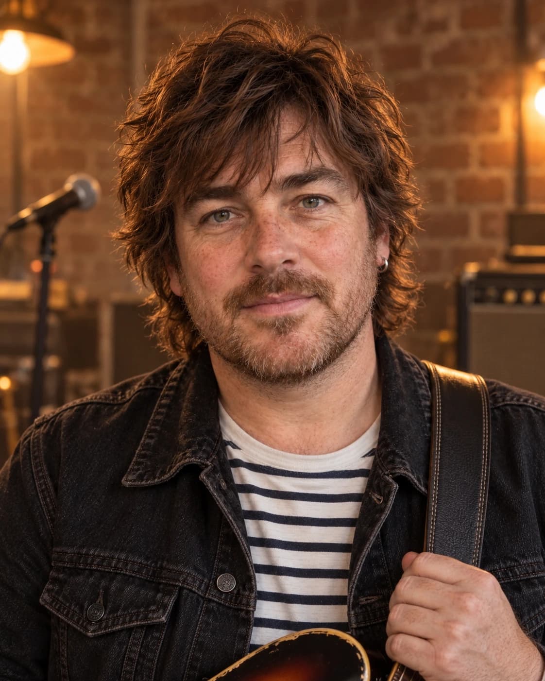 Man in his 40s with a choppy wavy shag covering the ears and a broken fringe, front view in a rehearsal room under warm lamps