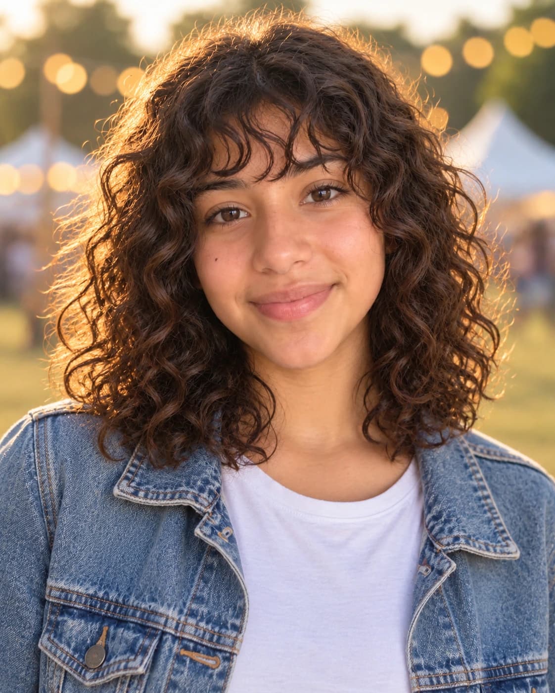 Teen girl with a shoulder-length curly shag, bouncy curly bangs and a layered crown, front view in late sun wearing a denim jacket