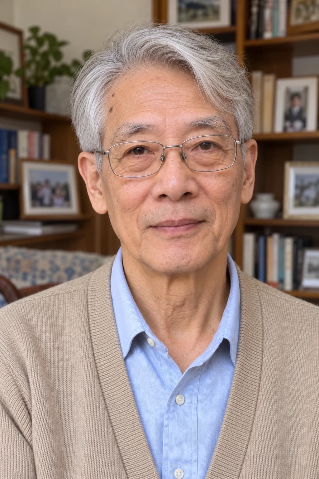 Man in his late 60s with fine straight hair in a short tidy scissor cut, an inch and a half swept to the side over short tapered sides, front view by a bookshelf at home