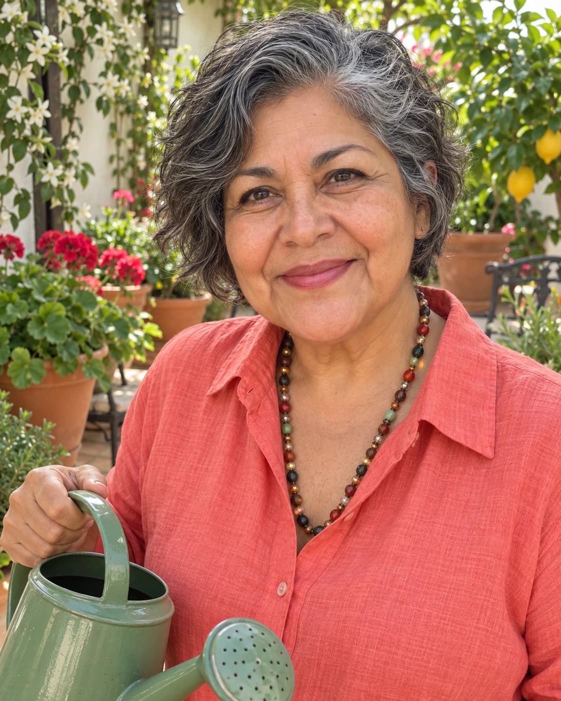 Woman in her mid-60s with a short layered cut on thick wavy hair, ears half covered and lift at the crown, three-quarter view on a patio full of plants