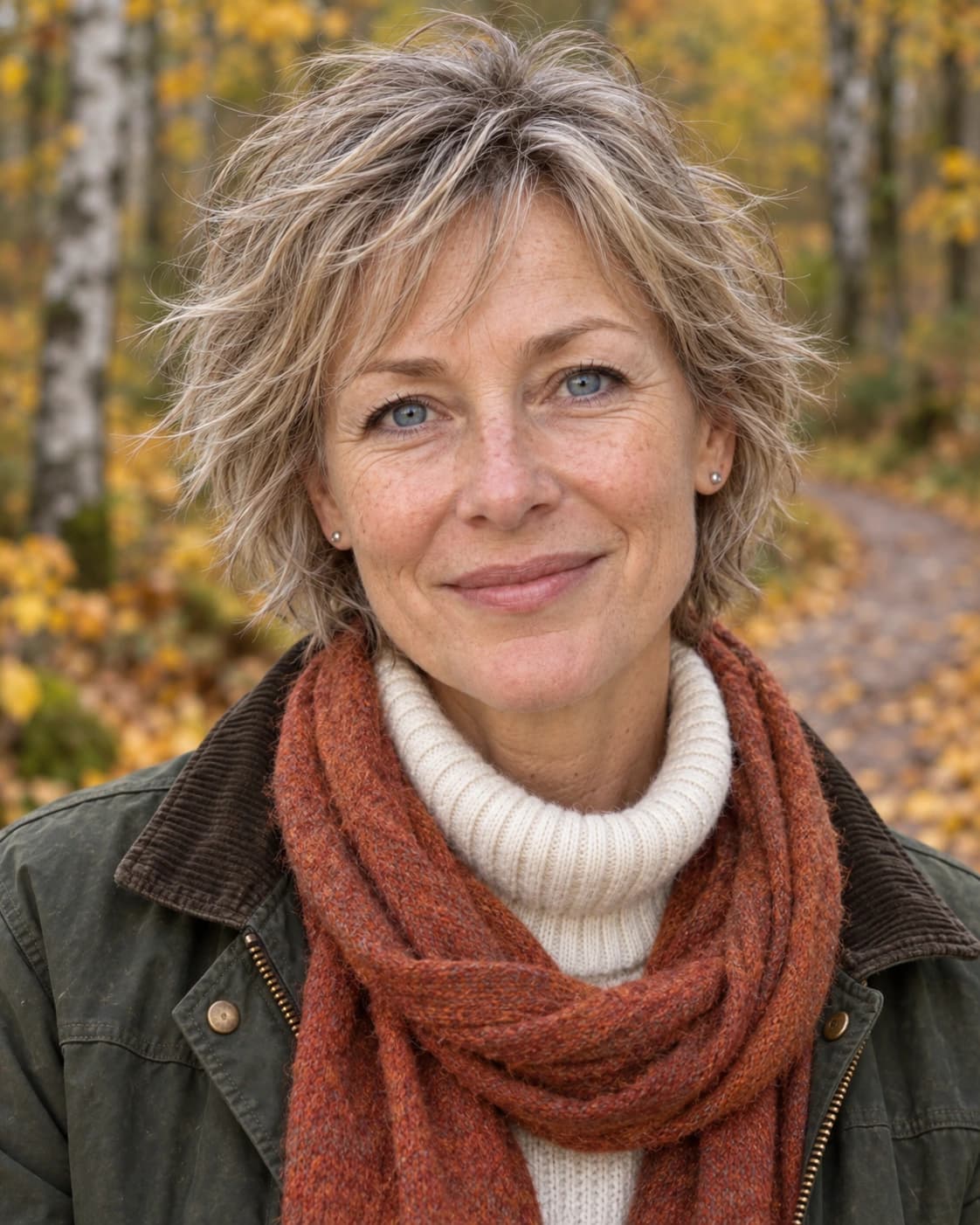 Woman in her mid-50s with a short choppy shag and a wispy fringe on fine wavy hair, front view on a forest path in autumn