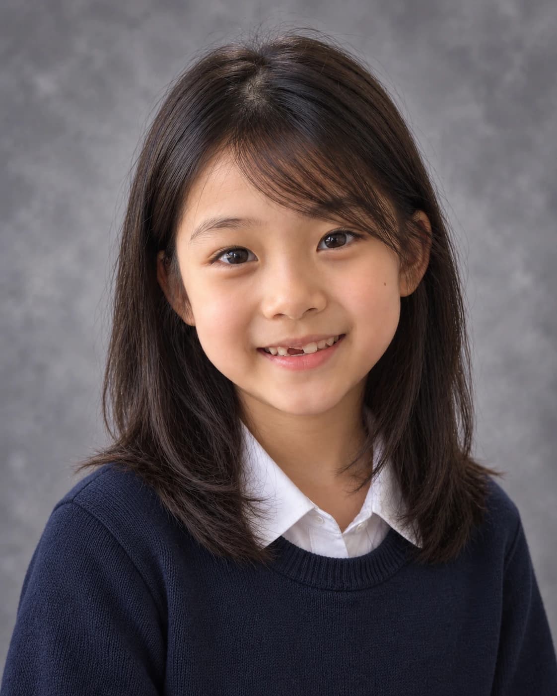 Smiling schoolgirl with shoulder-length layered hair and side-swept bangs crossing the brow, classic school portrait on a gray canvas backdrop
