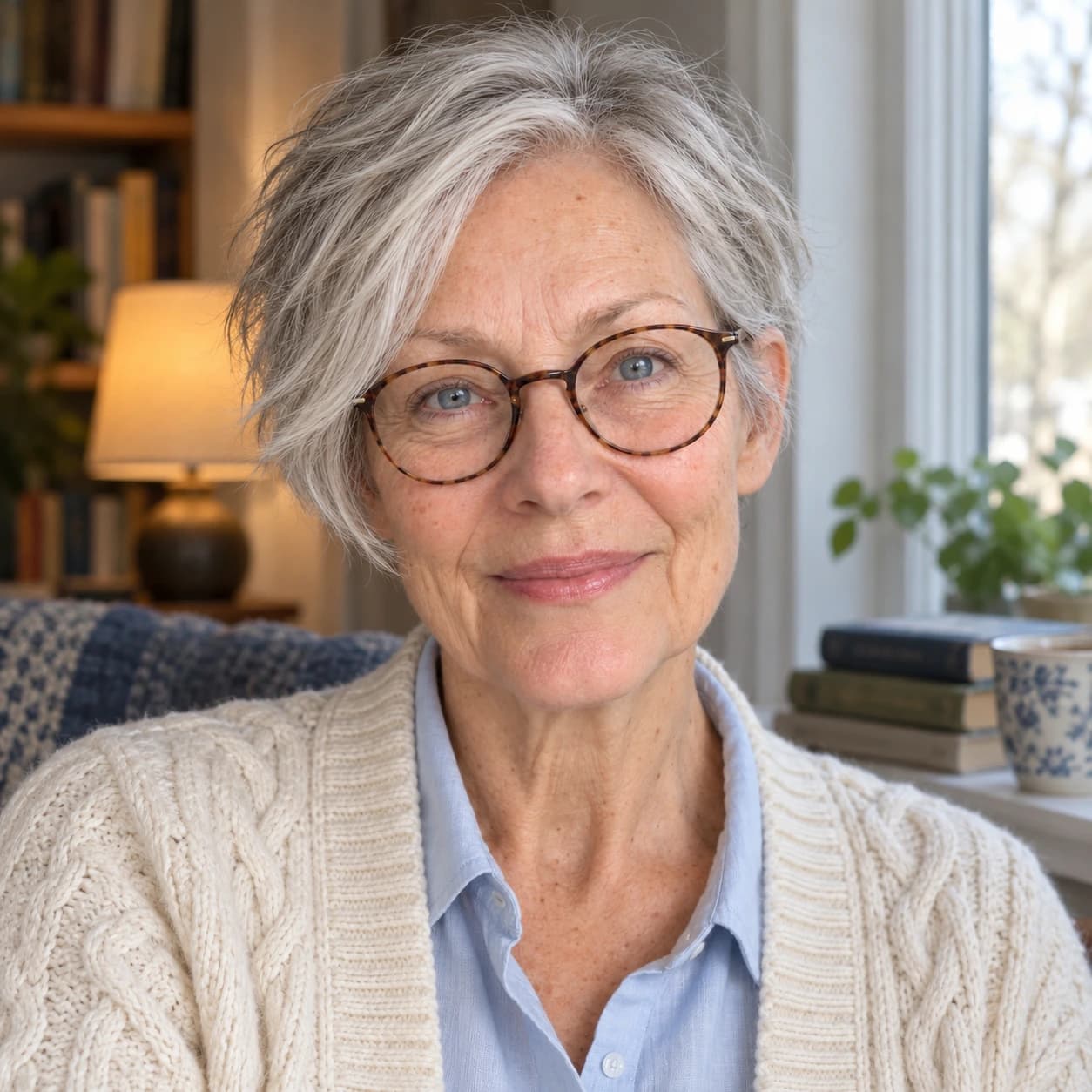 Woman in her 60s with a short silver pixie and a long fringe swept to one side, front view in a reading nook by a window