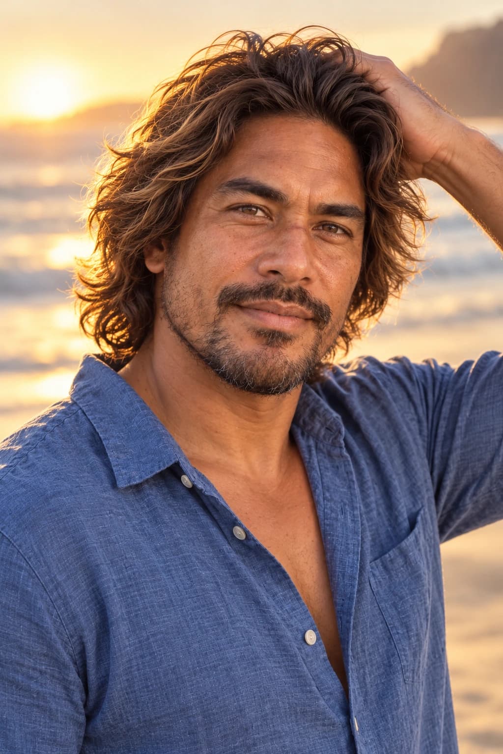 Man in his 40s with ear-covering wavy surfer hair, backlit three-quarter view on a beach at golden hour
