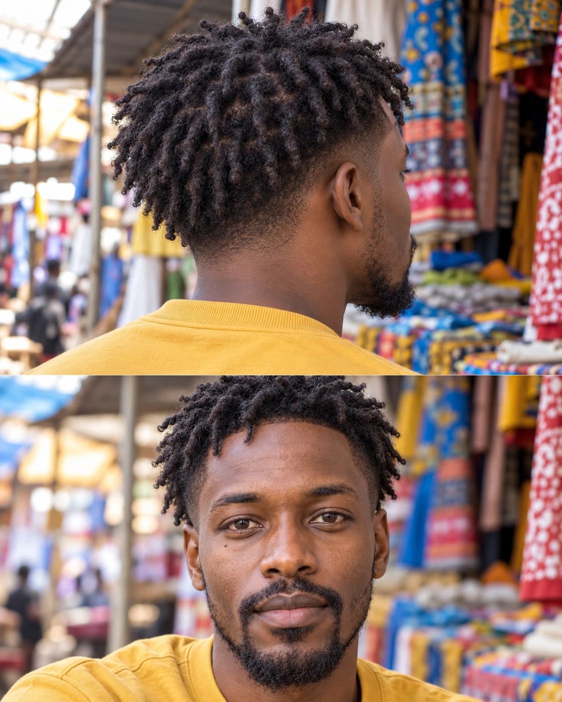 Man around 30 with three-inch starter locs on top and a clean temple and nape taper, back three-quarter view beside a front view at a street market