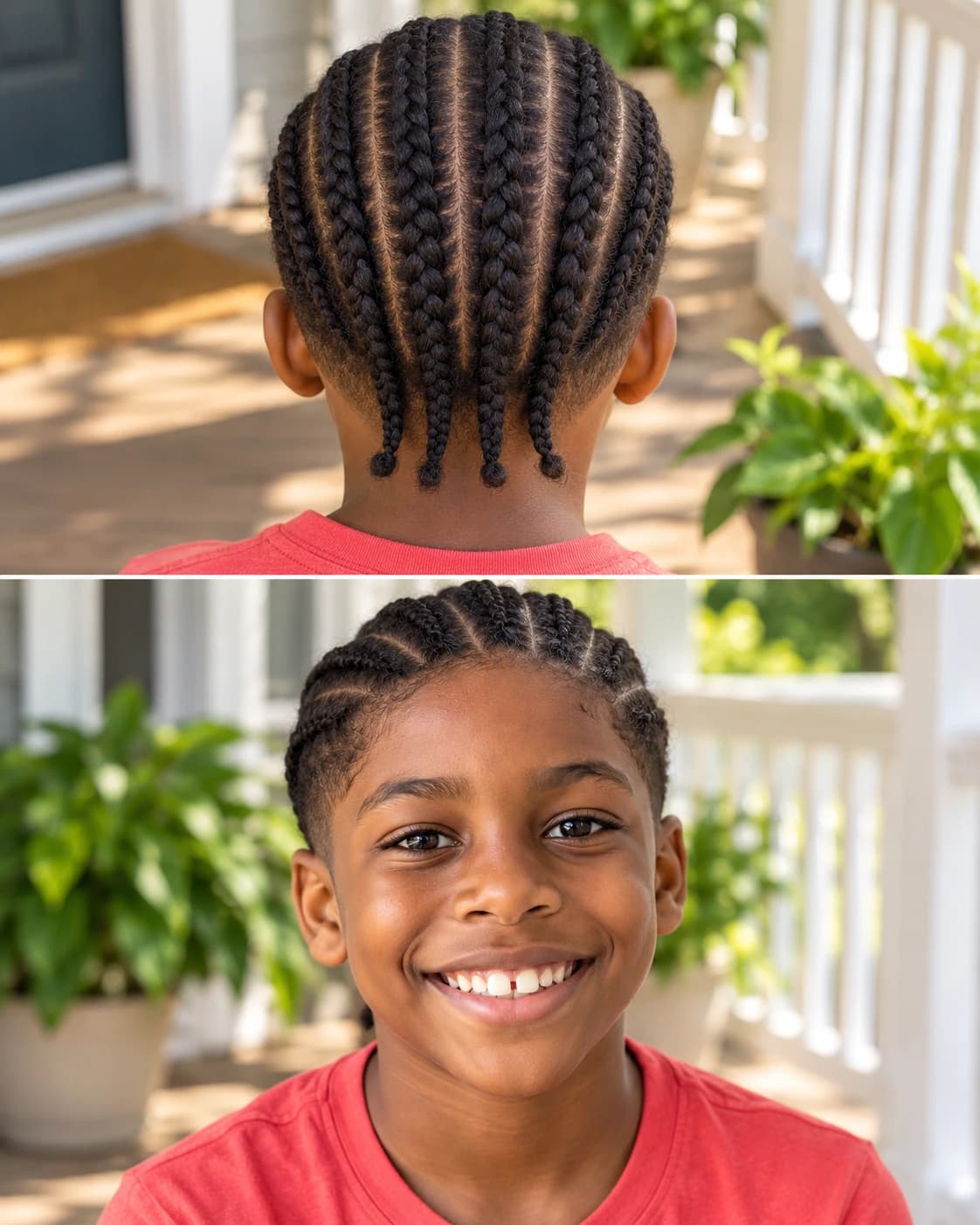 Boy with straight-back cornrows and a clean low taper, back view and smiling front view on a sunny porch