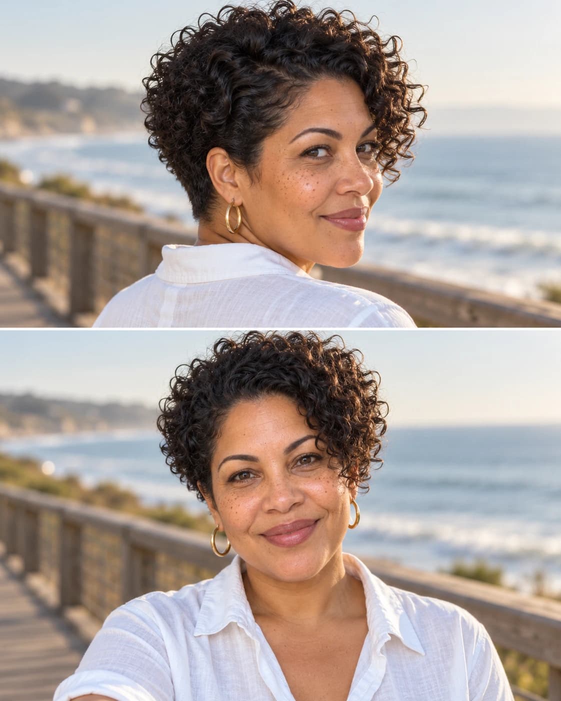 Woman in her late 40s with a tapered curly cut, short sides and nape and thick curls on top, back three-quarter and front views on a boardwalk in morning light