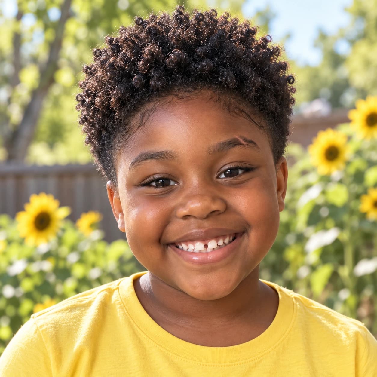 Smiling girl with a short tapered cut on defined coils and a fuller rounded crown, front view in a sunny backyard with sunflowers