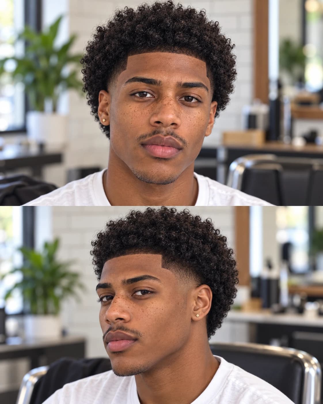 Young man with coily hair cut to one inch, faded only at the temples and nape, with a sharp line-up, close front and three-quarter view in a barbershop chair