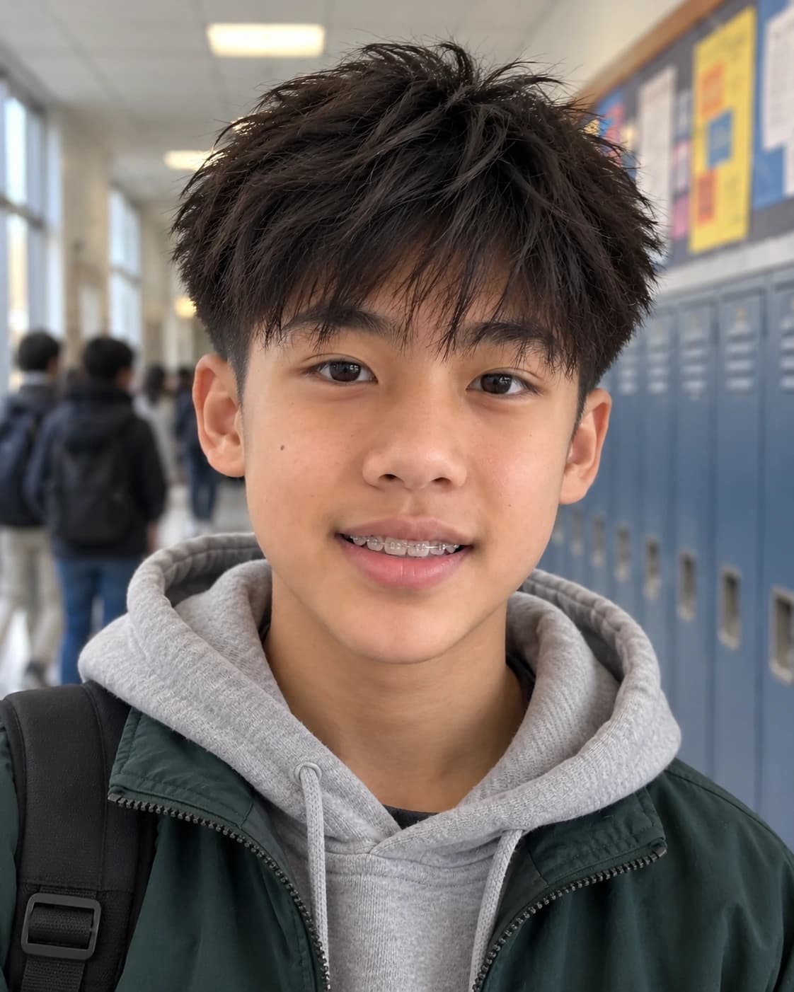 Middle-school boy with a choppy forward fringe and mid taper, phone-style front shot in a school hallway