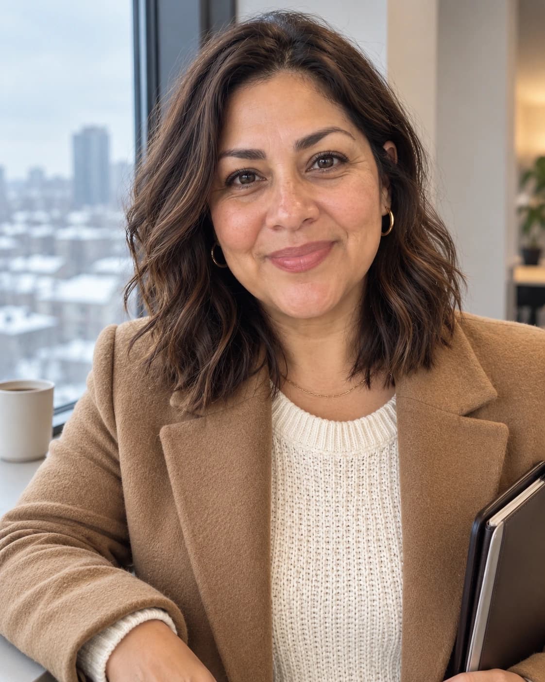 Woman in her 40s with a tousled wavy lob at the collarbone and a deep side part, three-quarter view by an office window in winter light