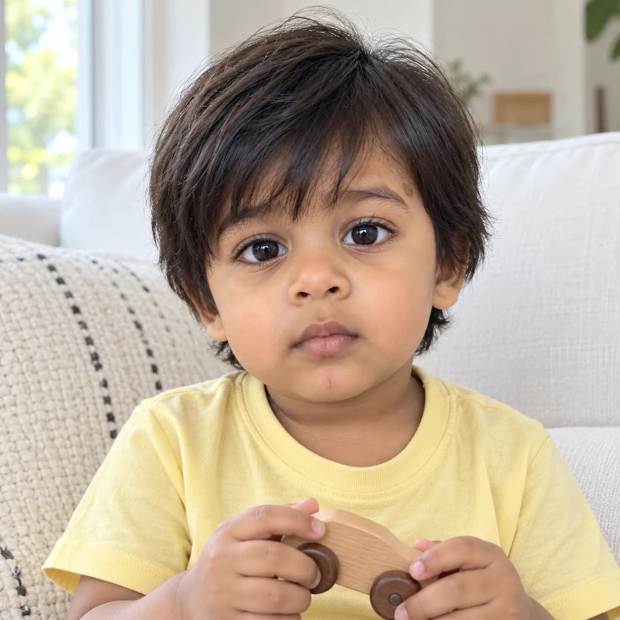 Two-year-old boy with soft bangs above the brows, front view on a white sofa holding a wooden toy car