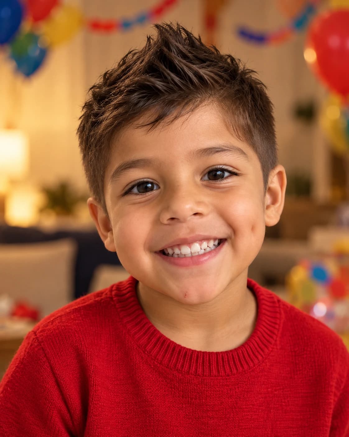 Four-year-old boy with a soft faux hawk ridge and blended sides, three-quarter view at a cozy birthday party