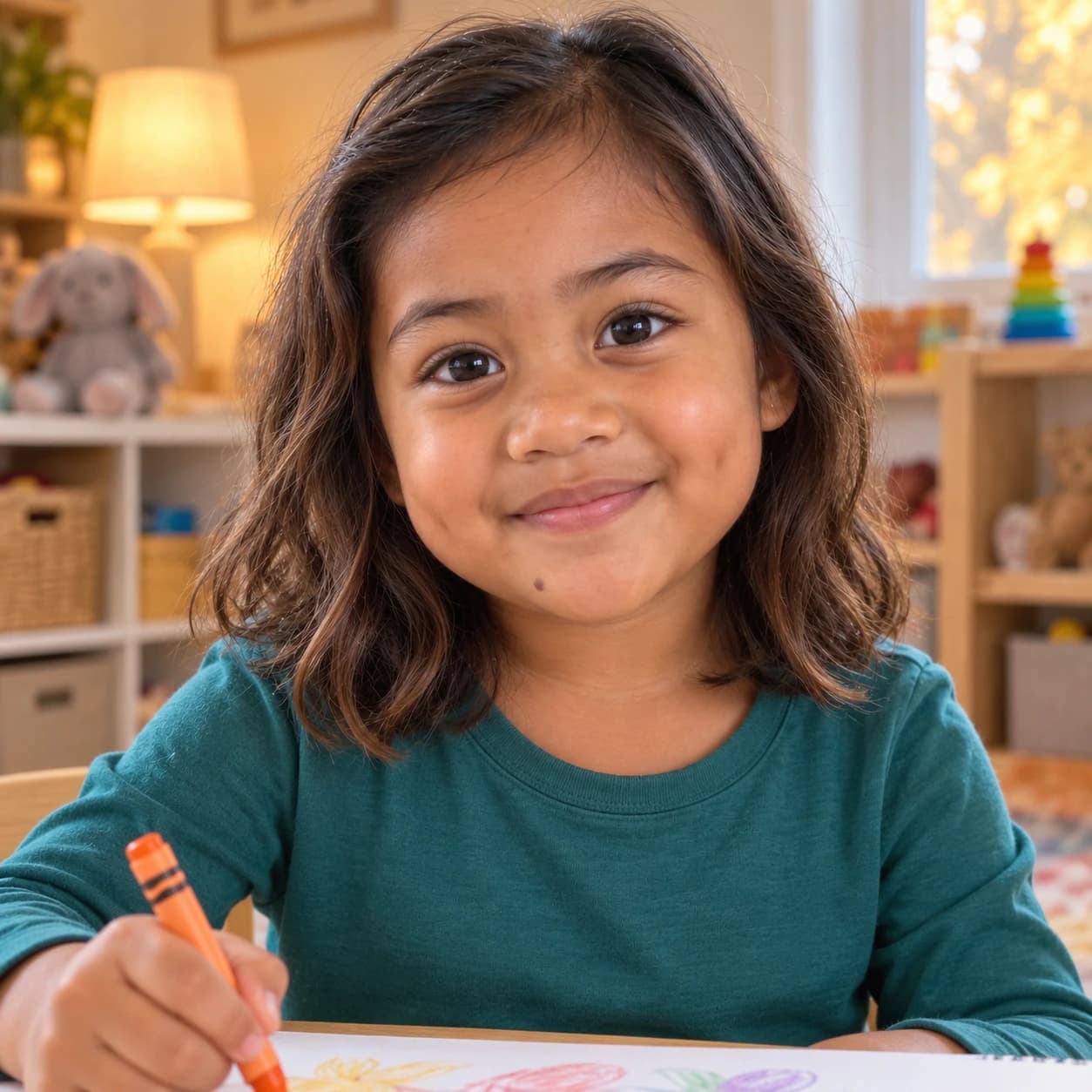Toddler girl with even shoulder-length waves and two longer pieces at the face, front view in a playroom holding a crayon
