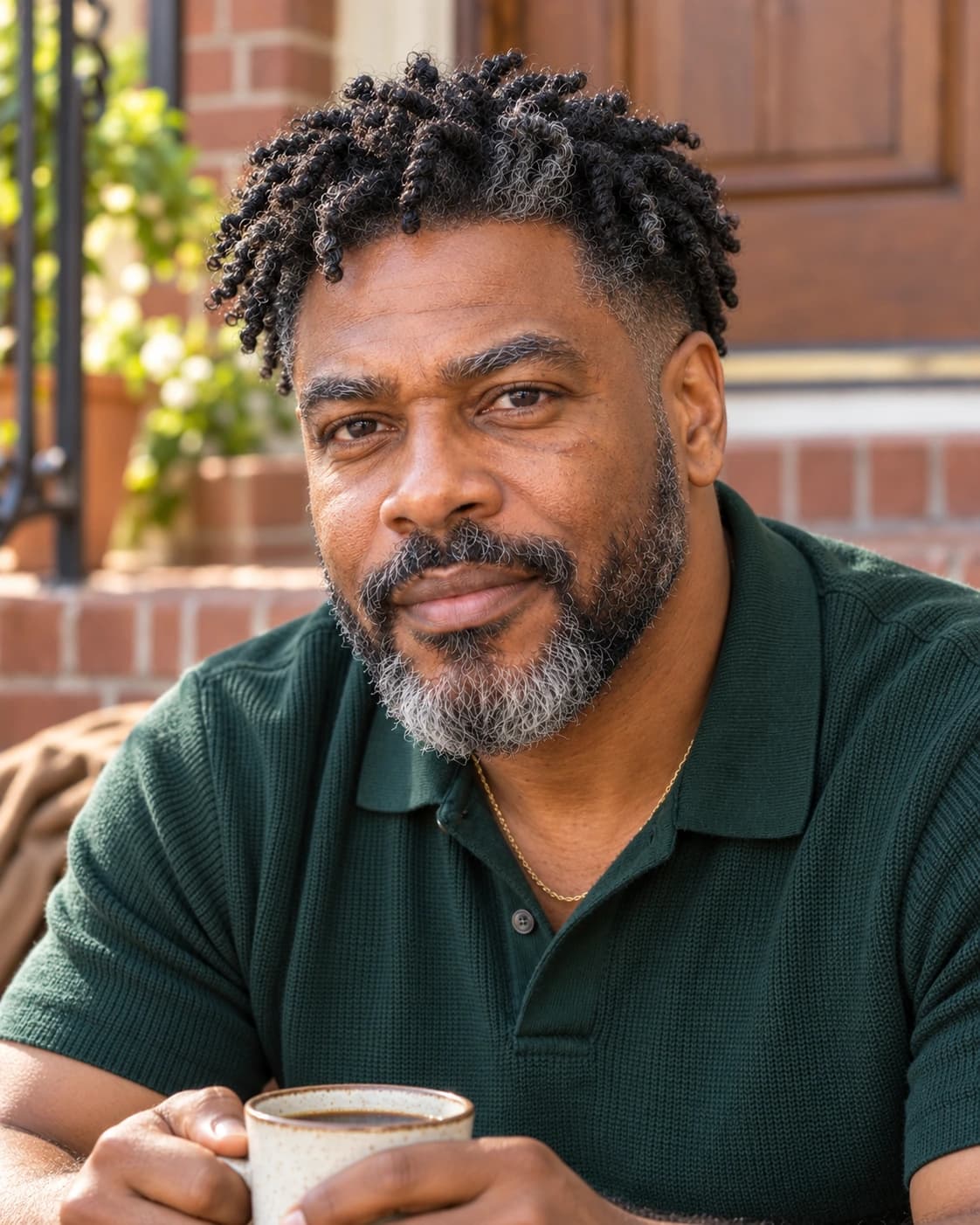 Man in his late 40s with two-and-a-half-inch two-strand twists on top and a low taper around the ears, three-quarter view on a front stoop in morning light