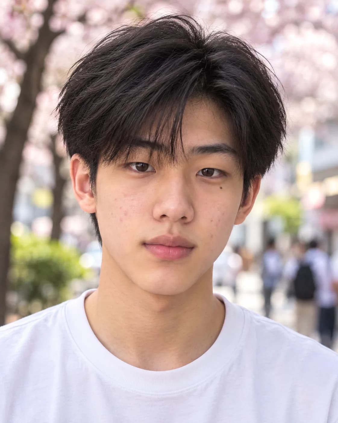 Teen boy with a K-style two-block cut and soft brow-length fringe, front view on a cherry blossom street