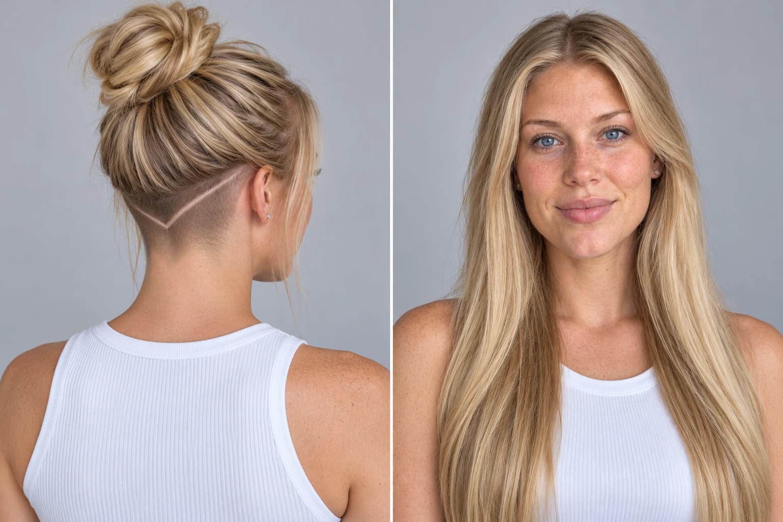 Woman in her late 20s with long thick straight hair and a buzzed nape undercut with a geometric line, back view with hair in a bun next to a front view with hair down