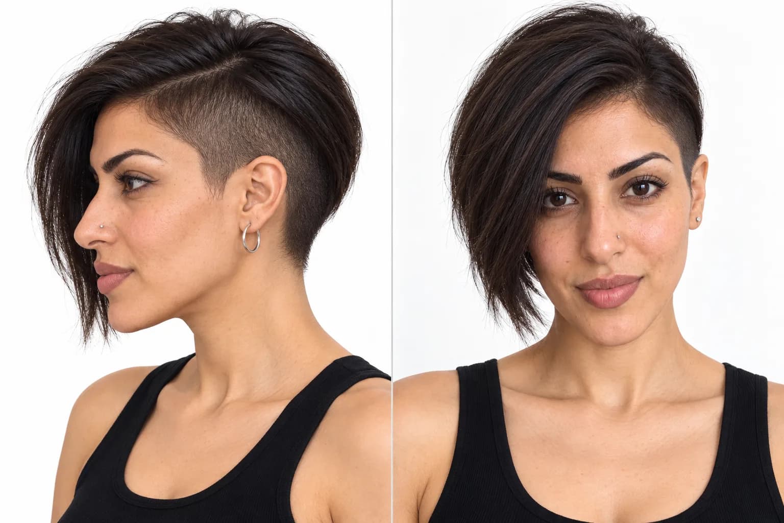 Woman in her early 30s with an undercut pixie, one side buzzed short and a long sweeping top, profile of the shaved side and front view in a white studio
