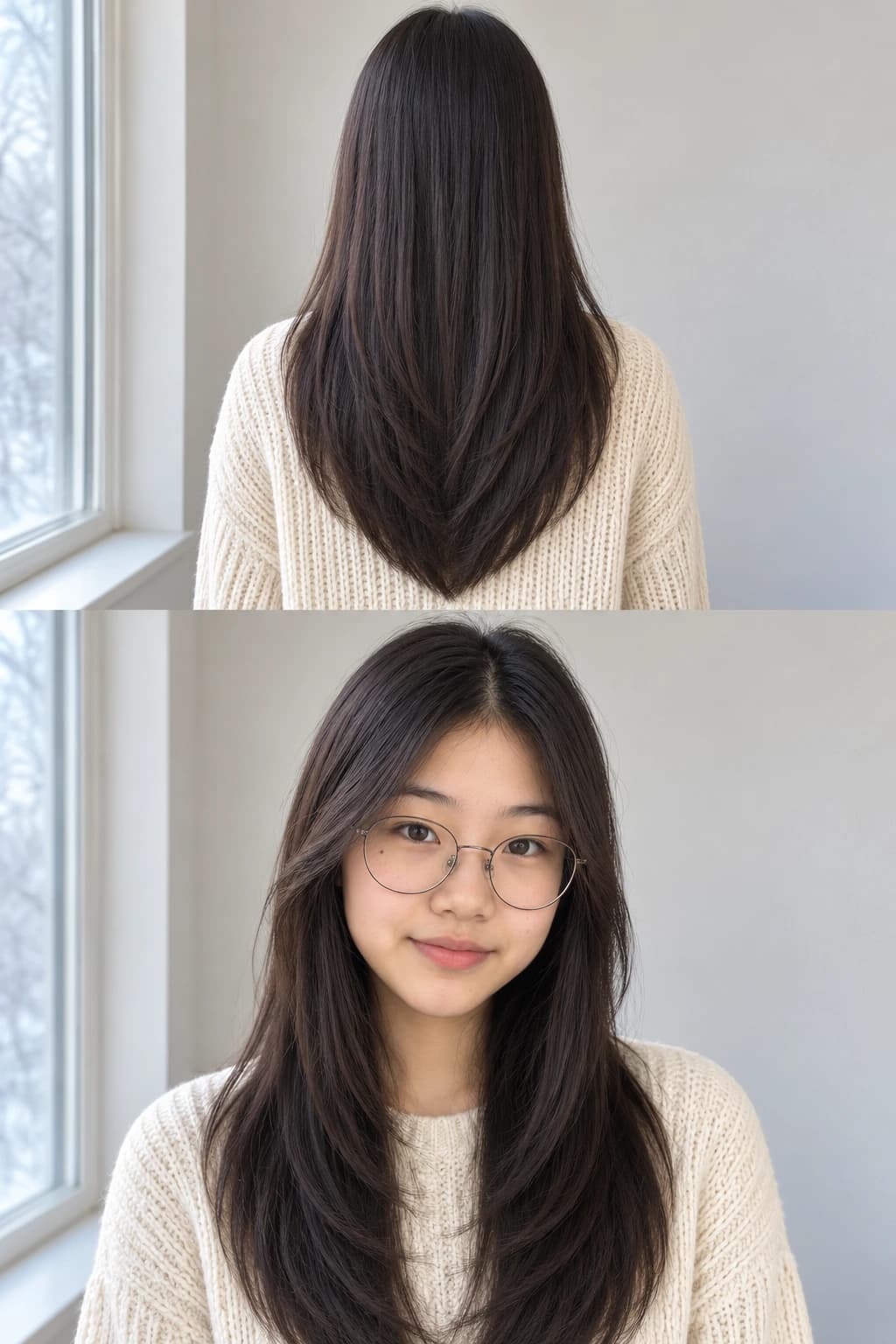 Teen girl with long straight hair cut into a clean V at the back, back view and front view in winter window light