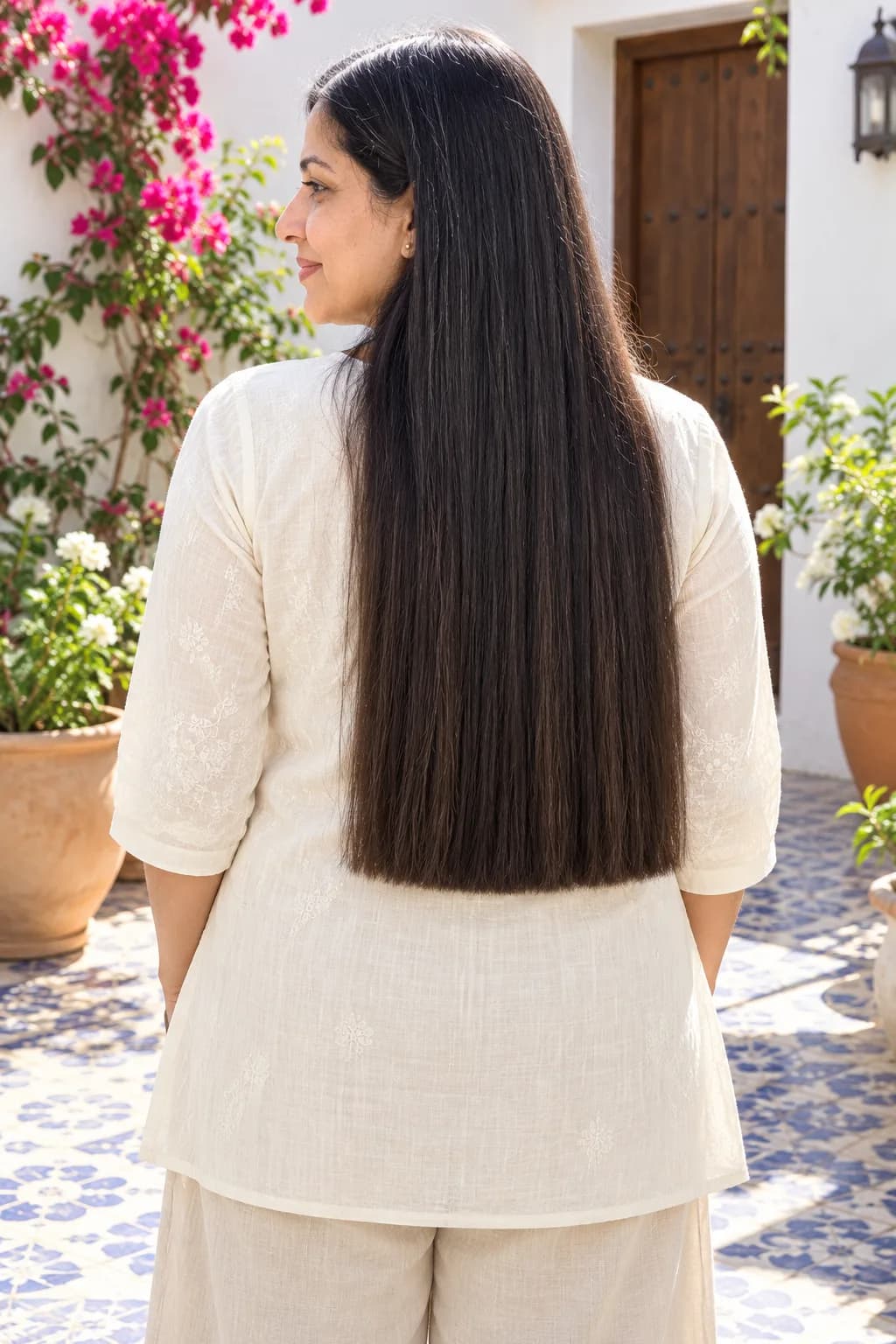 Woman in her late 40s with thick straight hair cut blunt at the waist in one length, back view standing in a sunlit courtyard