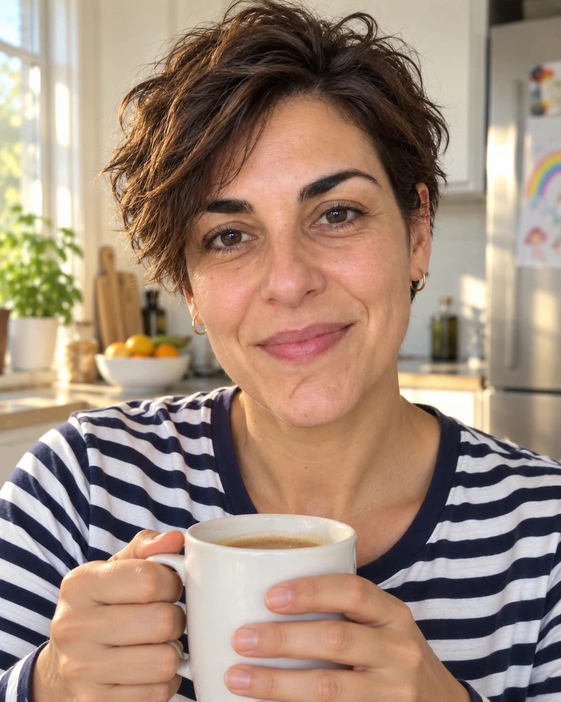 Woman in her late 30s with a short textured wavy crop and a longer soft fringe, front view in a sunny kitchen holding a mug