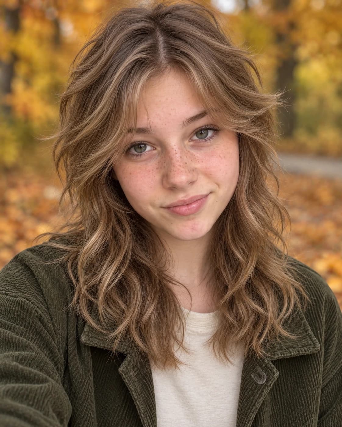 Teen girl with a wavy wolf cut, shaggy crown layers and a wispy curtain fringe, front view on a leafy autumn path