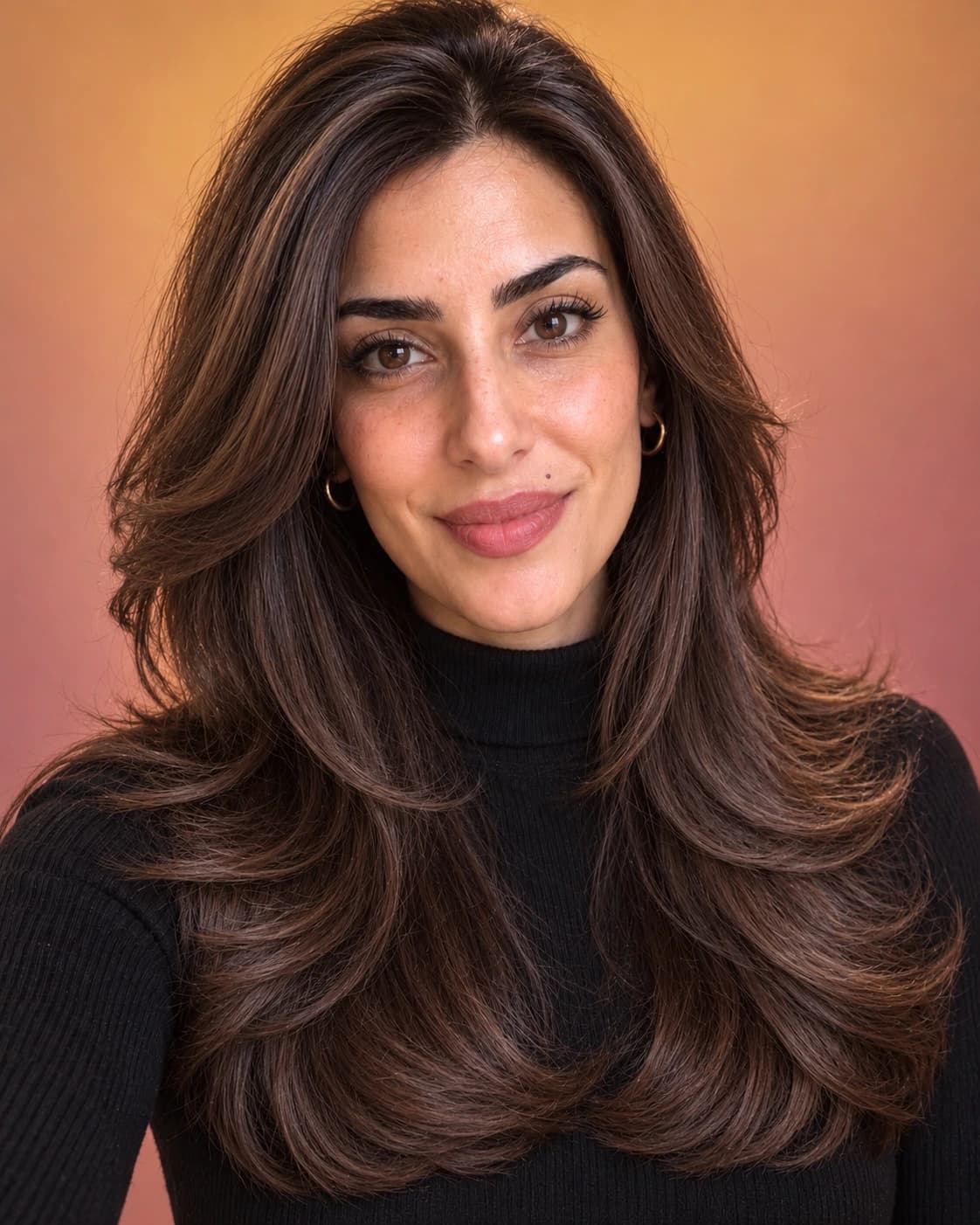 Woman in her early 30s with long thick straight hair in chunky bouncy 90s layers flipped at the cheeks, front view in a warm gradient studio