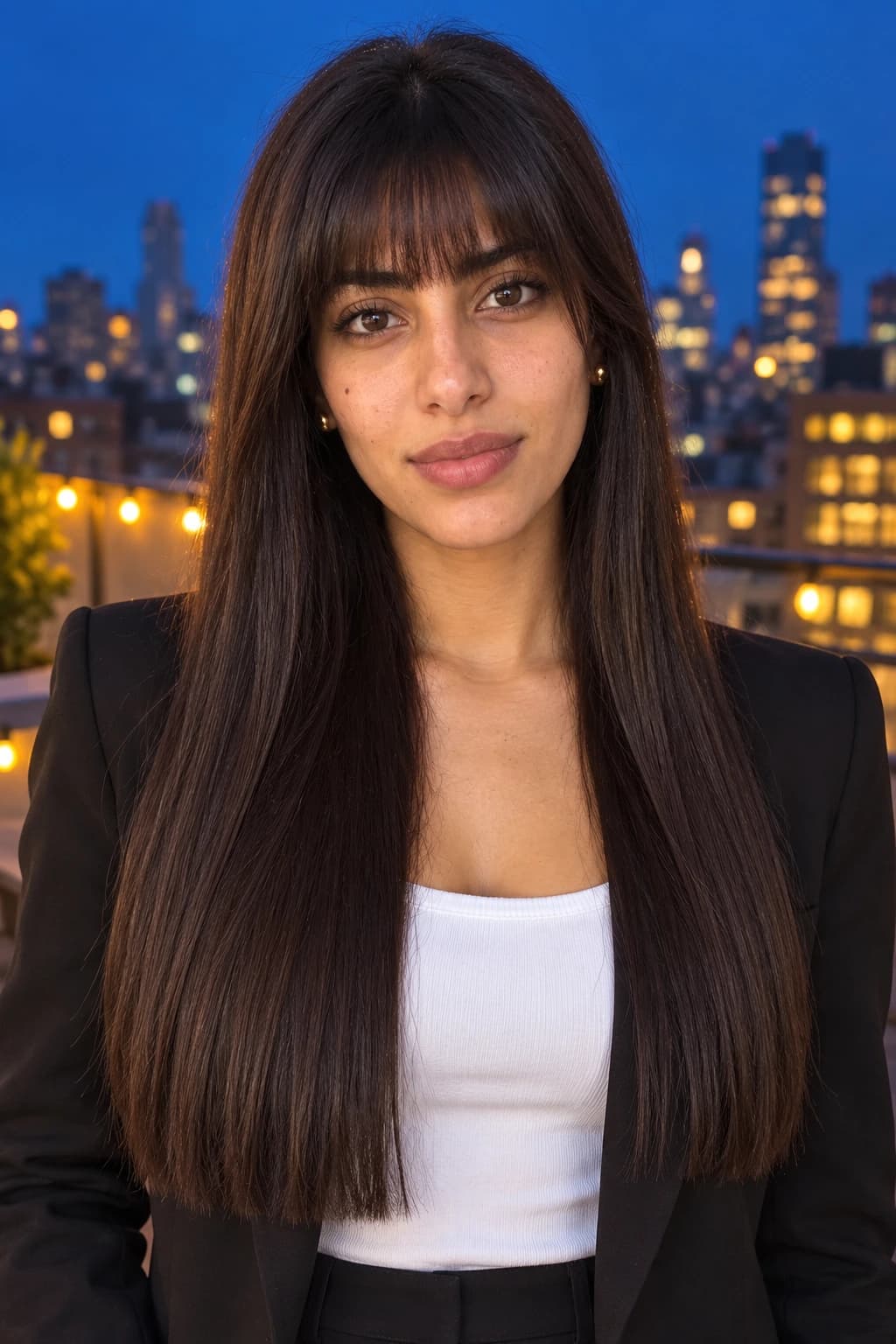 Woman in her mid-20s with full blunt bangs at the brow and long one-length straight hair, straight-on view on a rooftop at blue hour