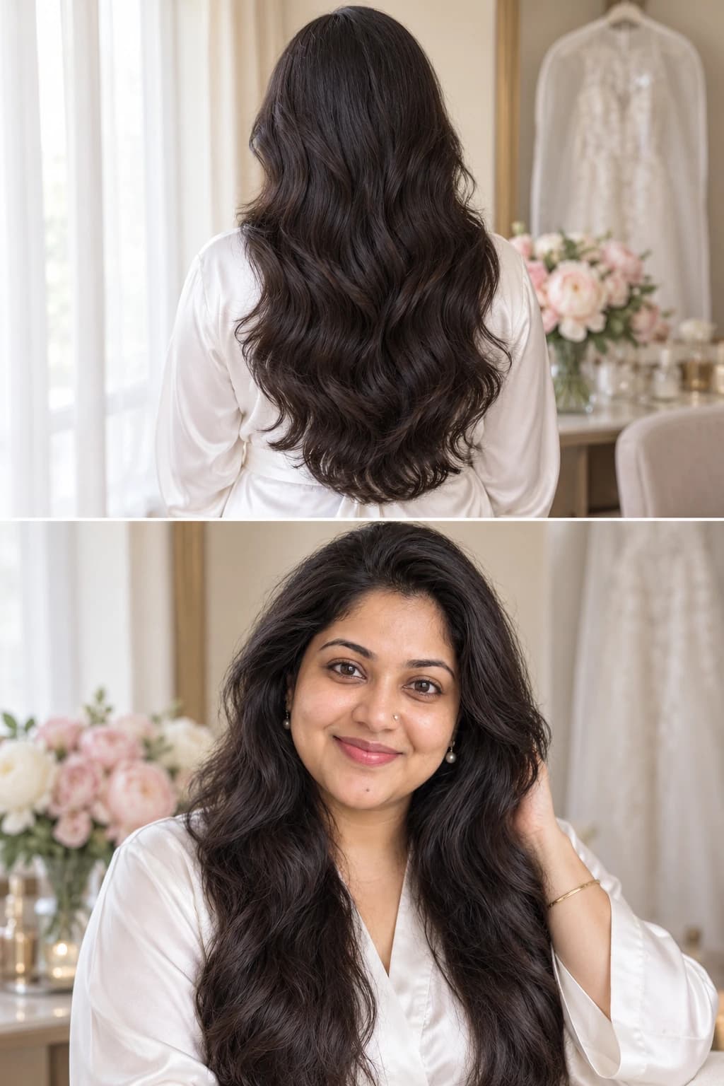 Woman in her early 30s with long thick wavy hair cut in long layers that start below the shoulders, back view of loose hair and front view by a bridal suite window